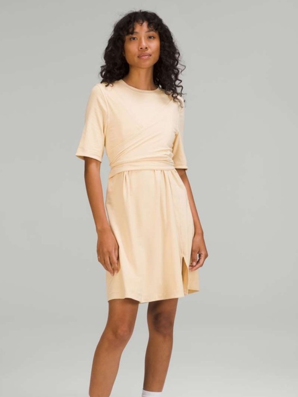 Lululemon Wrap-Front T-Shirt Dress Double Layer Pima Cotton Yellow SZ 6 NWT